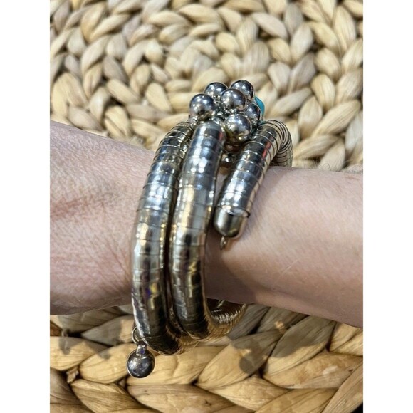 Skull Turquoise Stone Silver Tone Wire Wrapped Cuff Bracelet Whimsigoth Punk - Picture 4 of 8